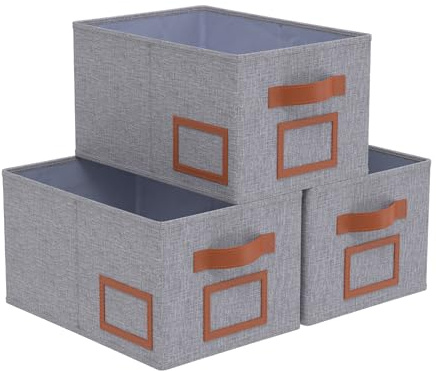 OUTBROS 3 Stück Aufbewahrungsboxen Stoff, Faltbare Aufbewahrungskiste Organizer mit Griff, Schubladen Organizer,für Kleiderschrank, Kleidung,38x26x20cm, Grau
