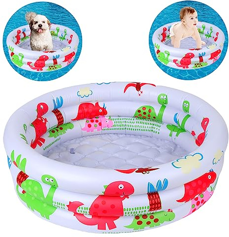 Gukasxi Small Inflatable Baby Swimming Pool, Paddling Pool for Babies, 3 Ring with Safety, Dinosaur Patterns, Safety Bubble Bottom, Girls Boys Garden Backyard, White, 1 size (VB-VC022)