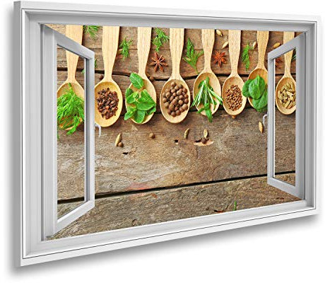 islandburner Tableau sur toile, vue sur fenêtre, cuillère en bois avec herbes fraîches et images de Ge