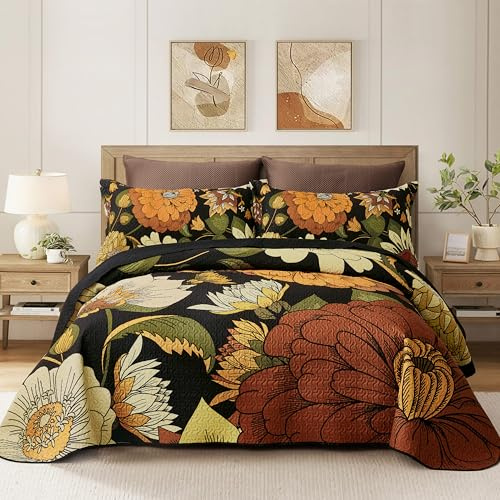 Tyrot 3 Piece Black Boho Floral Full/Queen Quilt Sets Reversible Farmhouse Botanical Lightweight Bedspread Coverlet with 2 Shams Mid Century Microfiber Bedding Quilts Set for All Season,90''x96''