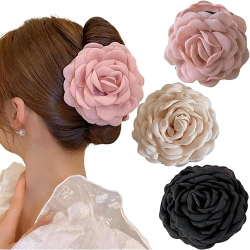 Ypkia 3 Stück Große Rose Haarklammer Blume Haarspangen Damen set Groß Haarkrallen Clips Haar-accessoires Für Frauen Mädchen（Schwarz, Beige, Hellrosa）