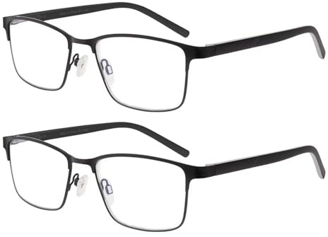 SKYWAY 2 Pack Lesebrillen Herren Metallrahmen Blaulichtblockierende Federscharnieren Computer Lesebrille für Herren Anti-Ermüdung/Blendung/UV (+2.0 dioptrien,Schwarz)