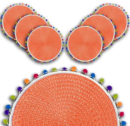 ARCA, Set di 6 Sottopiatti Rotondi, per 6 Persone, Ideali per la Tavola, Resistenti e Duraturi, Realizzati in Poliestere, Colore Arancione, Diametro 38 cm