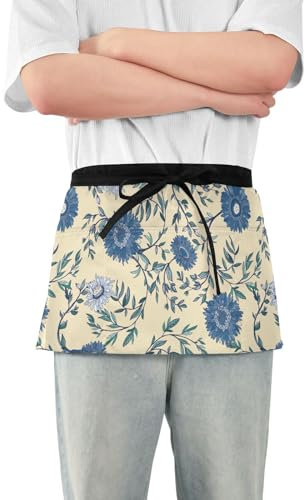 linqin Kellnerschürze mit 3 Taschen, Servierschürze für Kellnerin, blaue Blumen, Chrysanthemen, kurze Taille, 30,5 cm, Servierschürzen, wasserdicht, Blaue Blumen Chrysanthemen, Einheitsgröße