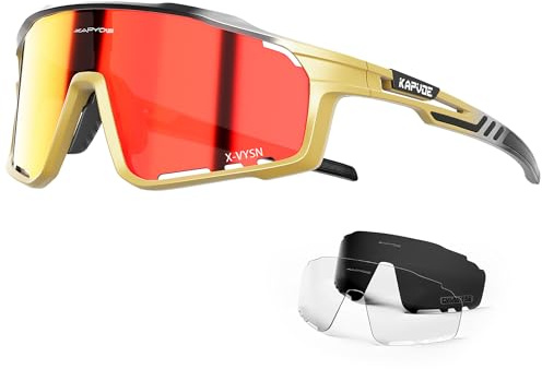 KAPVOE Fahrradbrille 3 Wechselgläser Herren Damen K76 | 3 Gläser: PC Tag, Schwarz polarisiert, Klar wenig Licht; UV400, 3-stufiges Nasenpad