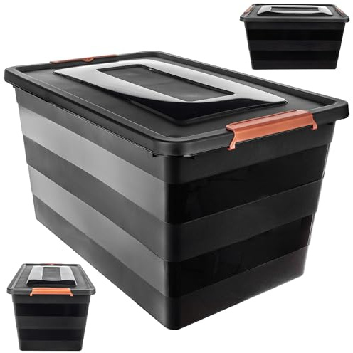 KADAX - Scatola portaoggetti con coperchio, scatola per giocattoli, robusto contenitore in plastica, scatola di conservazione con chiusura a scatto, contenitore (Nero, 55 L)