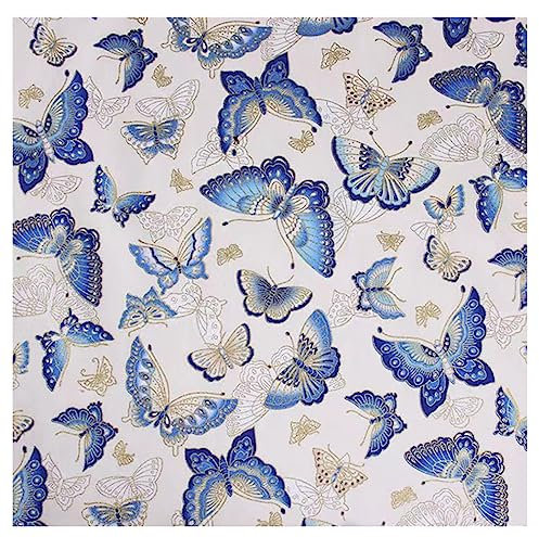 BrightGlow 500x150 cm Japanischer Stil Baumwollstoff Meterware Gedruckt Nähstoffe mit Blume Fächer Fliegender-Kran Tücher Baumwolltuch Kleiderstoff Quiltstoffe zum Nähen Beige-Schmetterling