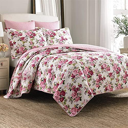QUSYZD Edredón de algodón, 3 Piezas Manta Patchwork Reversible, Colcha Nórdica Cama Suave 135/160 de Matrimonio 230x270cm + 2 * 50x70cm,Verde,Rosa-,Pink-
