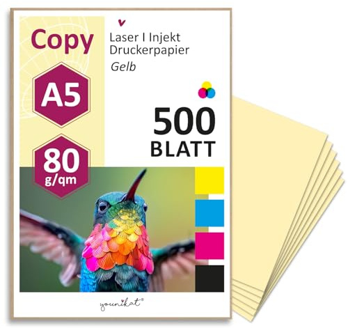 younikat 500 Blatt DIN A5 gelb Papier blanko 80 g/m² Kopierpapier - dv1508 | unbedruckte Innenseite, Ob Drucken, Kopieren oder Basteln, Beidseitig farbig, blanko