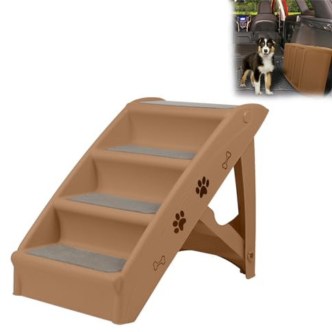 VANCHEMO Hundetreppe Klappbare Haustiertreppe mit Rutschfester Matte, 4-Stufige Faltbare Katzentreppe, Hunderampe für Hunde und Katzen, Belastbarkeit bis 75kg, rutschfest, 38T x 61B x 61H cm, Braun