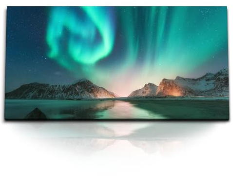 Paul Sinus Nordlichter Wandbild 120x60cm atemberaubendes Naturphänomen Nordlichter Berge Sternenhimmel Leinwanddruck magische Wanddekoration