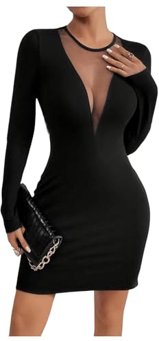 GORGLITTER Women's Mesh Sheer Deep V Neck Sexy Dress Low Cut Long Sleeve Bodycon Pencil Mini Dresses Black L