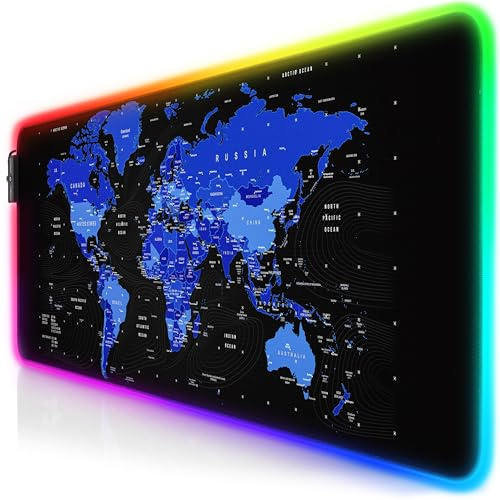 Titanwolf - RGB Gaming Mauspad - 800x300 mm - XXL Mousepad - LED Multi Color - 7 LED Farben Plus 4 Effektmodi - für Präzision und Geschwindigkeit - Gummierte Unterseite - abwaschbar - Weltkarte blau
