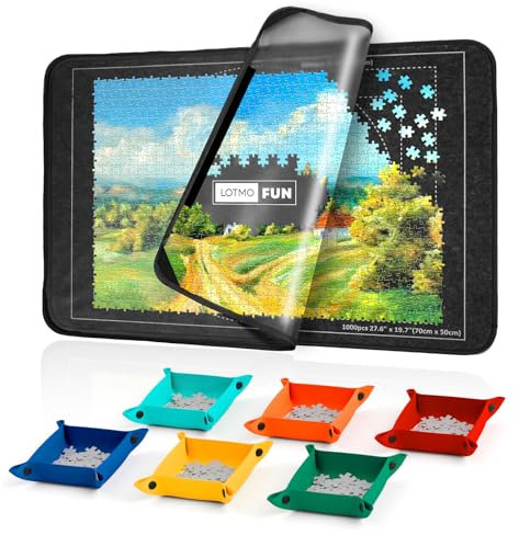 LOTMOFUN Puzzlebrett 1000 Teile, Tragbare Puzzlematte mit Transparenter Wasserdichter & Staubdichter Abdeckung für Puzzleaufbewahrung/Saver, Puzzle Board mit 6 Sortierschalen