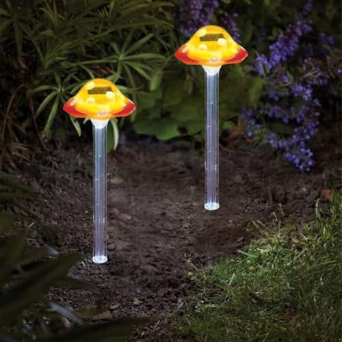 Garden Mile Set of 2 Large Yellow Mushroom Solar Lights Outdoor Garden Toadstool Stake Lights Waterproof Resin Solar Powered Decorative Garden Ornaments Pathway Patio Lawn Flowerbed Lighting