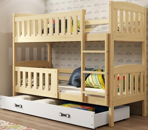 Interbeds Etagenbett Hochbett Stockbett Holzbett Kiefernholz Kinderbett Jugenbett mit Lattenrost und Rausfallschutz (Kiefer + weiß, 190x90)