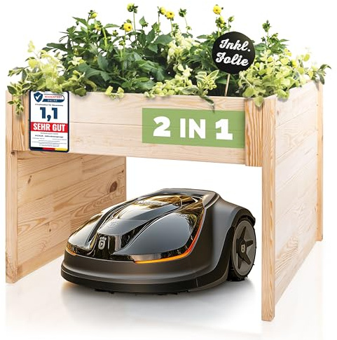PATKAR Garage für Mähroboter 79x73x56 cm [WITTERUNGS & UV-BESTÄNDIG] – Hochwertige Rasenroboter Garage aus Holz (Made in Europe, Natur)