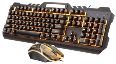 NUOBESTY Teclado y Ratón USB Retroiluminados Cable para Oficina y Juegos, Conjunto Metálico Mecánico T21 Naranja, Accesorios Modernos Diseño Antisalpicaduras y Alto Rendimiento