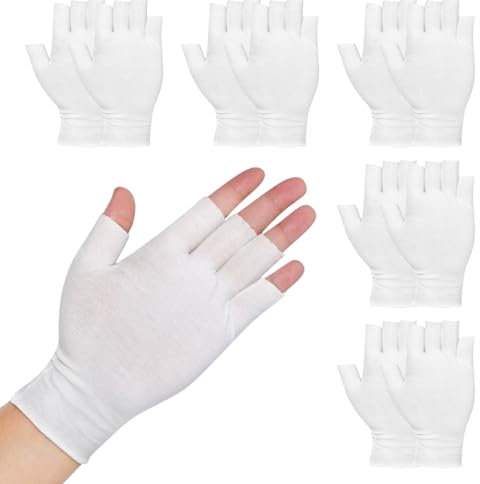 5 Paar UV Handschuhe Nägel, Halbfinger UV-Schutz Handschuhe, Weiße Baumwollhandschuhe, Weich Schutzhandschuhe, Dünne Fingerlose Baumwollhandschuhe für Autofahren Maniküre Golfen Angeln und Radfahren