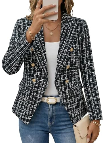 Mina Self 2025 Damen Frühling Tweed-Blazer Karo-Mode Schlank Vollfutter Zweireihig Lässige Arbeitsjacke mit Taschen, L/XL