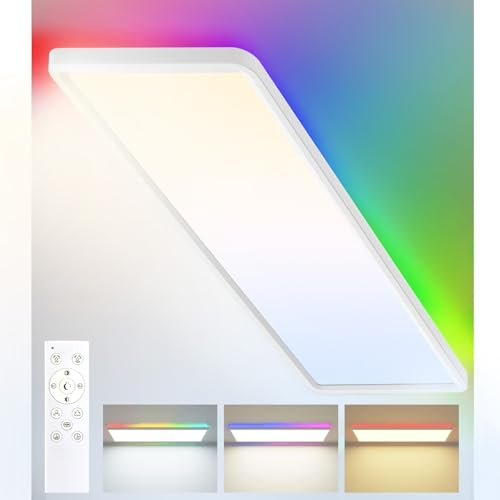 zemty RGB LED Panel Deckenleuchte 58x20 cm, 32W 3500LM Vielfarbig Deckenlampe Flach mit Fernbedienung Dimmbar, 3000-6500K Tageslichtlampe Decke Lang für Küche Schlafzimmer Wohnzimmer