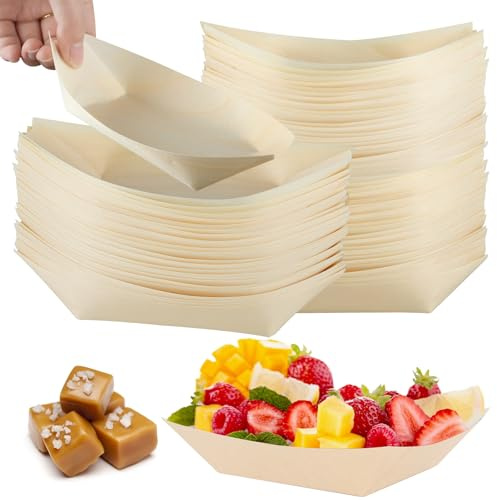 QinOustore 100 ciotole per finger food in legno (17 cm), per snack, monouso, biodegradabili, per snack, insalata, sushi e feste a buffet, ideali per adulti e bambini