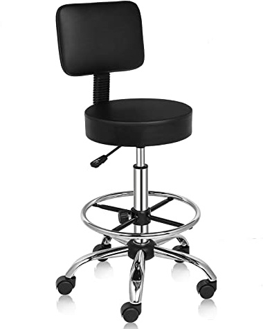 Bonnlo Tabouret roulettes Professionnel avec Dossier, Tabouret de Bureau Rotation à 360° et Hauteur Réglable, Revêtement en PU, pour Salon de Massage, Manucure et Bureau (Noir, Extra Large)
