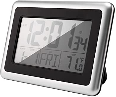 XJBTBA Orologio Atomico Digitale da Parete, Display LCD 19 cm, Temperatura Interna, Calendario, Batterie AA, Argento