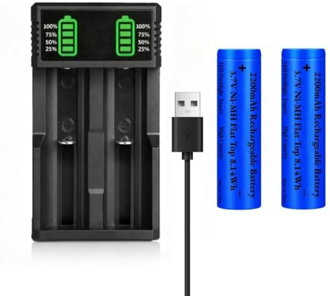18650 Batterieladegerät mit 2 Pack 3,7V 2200mAh Akku Flat Top Wiederaufladbarer NiMH, 3,7Volt Akkus + 2-Soll USB Akku Ladegeräte Satz für Kamera, Türklingel, LED Stirnlampe, Solarleuchte, usw.