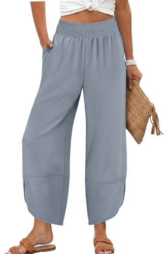 Lepunuo Wide Leg Pants Women Boho Palazzo Cropped Trousers Summer | Smocked High Waisted Palazzos Beach Vacation Flowy Capris Trousers, Crisscross Hem Travel Pants with Deep Pockets