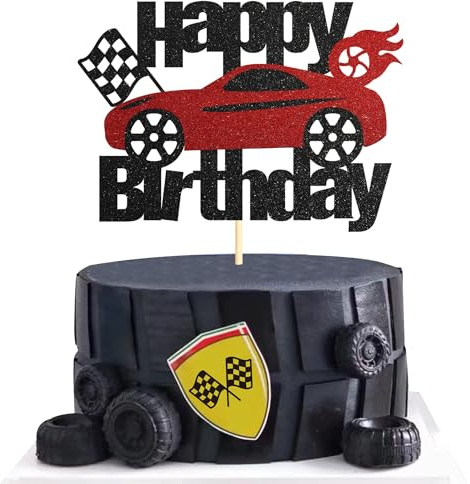 Sotpot Car Birthday Cake Topper Black Red Glitter Race Car 1 pack for Racing Car Checkered Flag Themed Boy Girl Birthday Party Supplies