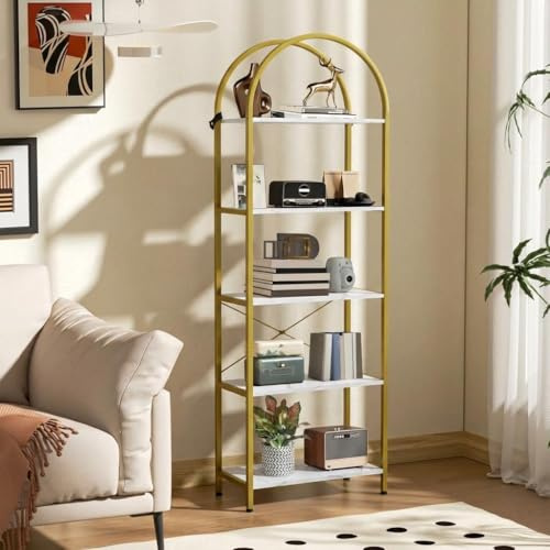 JOLLYTOP Bücherregal, 5-Stöckiges Regal, Ausstellungsregal Aus Metall Und Holz, Industrieregal, Standregal, Für Schlafzimmer, Wohnzimmer, Homeoffice, Gold und Weiß