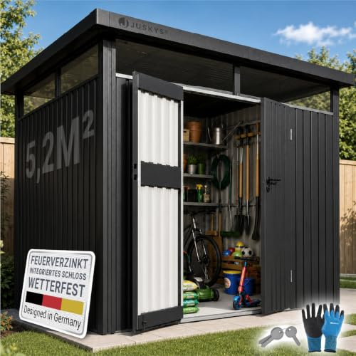 Juskys® Gerätehaus Luzern M - 5,2 m² - Metall Geräteschuppen mit Türen & Fenstern - wetterfest & abschließbar - Fahrradgarage, Gartenhaus - Anthrazit