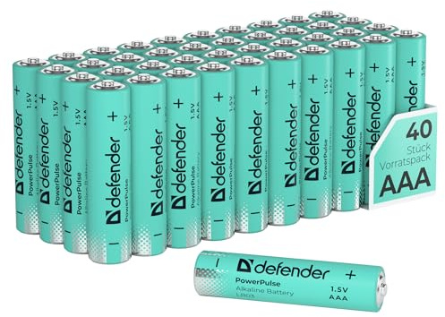 Defender PowerPulse Alkaline Batterien AAA (LR03) 1,5V – 40 Stück Box, langlebige Alkaline Batterie für Haushalt, Spielzeug, Fernbedienung, Taschenlampe und Elektronik, 5 Jahre haltbar (40, AAA)