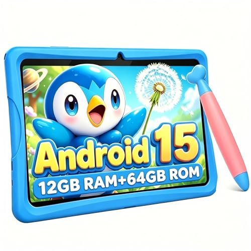 TABWEE K10 Tablet Bambini 10 pollici, 12 GB RAM + 64 GB ROM (TF 2 TB) Android 15 Tablet Educativo con Controllo Parentale, WiFi 6, Schermo Anti-Luce Blu, Tablet con Custodia - Blu
