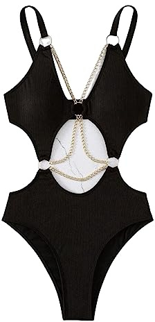 Damen Badeanzug mit Spaghetti Trägern, Damen Bademode, Damen Badeanzug mit Ringkette für Wasserparks, Surfen, Damen Badeanzug mit Ausschnitt, Damen Badeanzug, hoch geschnittene Badebekleidung