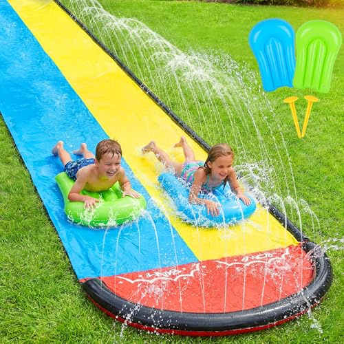 Mineup Scivolo Ad Acqua, 15.8 Ft/480 Cm Scivoli d'Acqua Doppio Scivolo per Prato, Scivol da Giardino Estivo con Irrigatore Integrato con 2 Bodyboards per Giardino, attività Acquatiche All'aperto