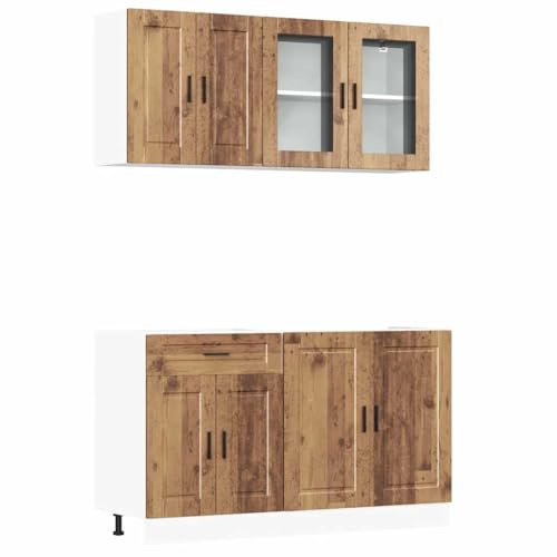 Mhdvray Juego de 4 muebles de cocina con aspecto de madera envejecida, incluye armario bajo fregadero, armario bajo y armarios de pared para mucho espacio de almacenamiento