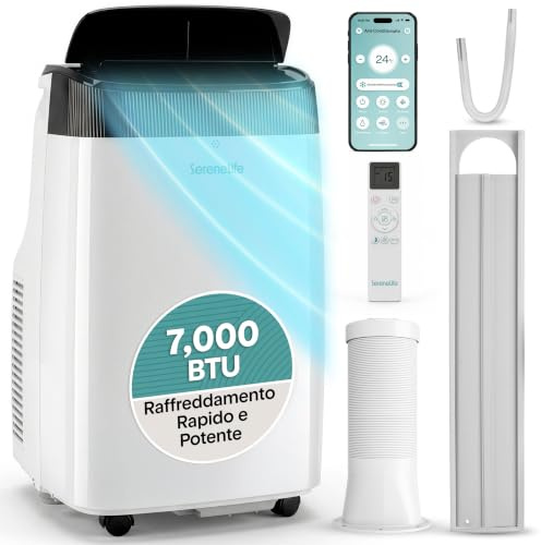 SereneLife Condizionatore Portatile 7000 BTU, Climatizzatore Portatile, Pinguino Condizionatore con WiFi, Deumidificatore, Ventilazione, Telecomando, Kit Finestra, Silenzioso, Casa, Ufficio, Scuola