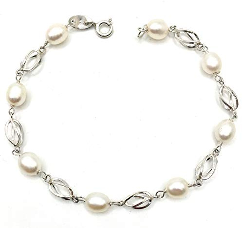 MASBARATA PULSERA COMUNION PERLA CON JAULA DE PLATA DE LEY 925/1000.