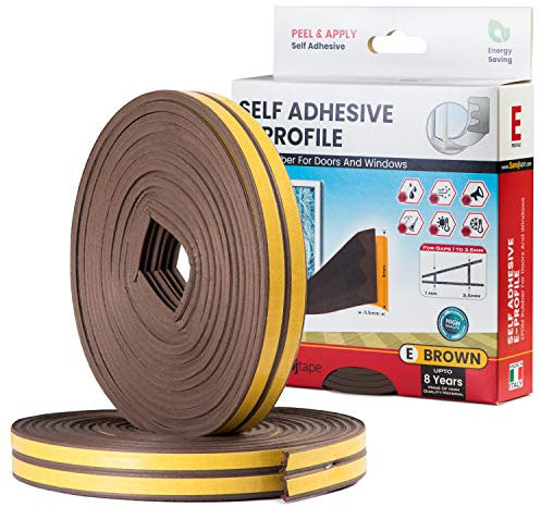Sanojtape Dichtungsband E-Profil Braun 16 Meter Selbstklebende EPDM-Gummidichtung Ideal Dämmung Isolierung Fenstern Türen