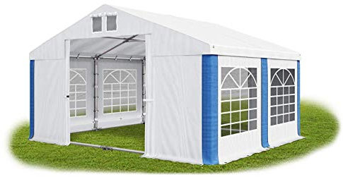 Das Company Partyzelt 4x4m wasserdicht weiß-blau mit Bodenrahmen und Dachverstärkung 560g/m² PVC Plane Robust Festzelt Gartenzelt Summer Plus SD