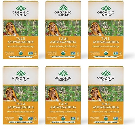 ORGANIC INDIA Calming Tulsi Ashwagandha Tea - Organic Tea Bags, Holy Basil, Vegan, USDA Certified Organic, Non-GMO, Caffeine Free - 18 Infusion Bags, 6 Pack