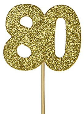 Anniversary House 12 Pcs Gold Glitter 80th Birthday Cake Toppers, 3.8 x 4.5cm Cupcake Toppers, Paper, Birthday Cake Decorations, J068