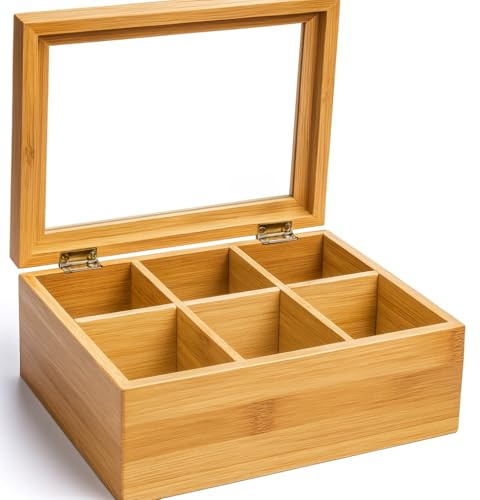 VITA PERFETTA Telåda med 6 fack i bambu - förvaringslåda för te och tepåsar (22 x 16 x 9 cm)