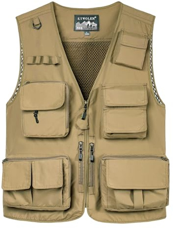 KTWOLEN Hombres Chaleco de Pesca Secado Rápido Malla Respirable Ligero Chaleco con Multibolsillos para Pesca Fotografía Caza Cámping Viajes, Caqui, 3XL