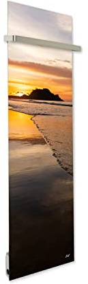 ILO/Sèche Serviette Électrique Rayonnant Mural /750w/Couché de Soleil | +28 Motifs, Esthétique/2 Barres Incluses/Extra Plat Verre/ IP44/ Vertical/WI-FI Connecté, Silencieux,Éco/Made In France