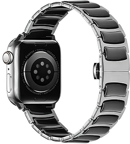 MaKTech Keramiskt Band,Tunt Rostfritt Stål Inlagt Keramiskt Länkarmband,för Apple Watch Serie 11/10/9/8/7,Ultra 3/2/1,SE 3/2/1 [2025] (42mm/41mm/40mm,Silver-Svart)