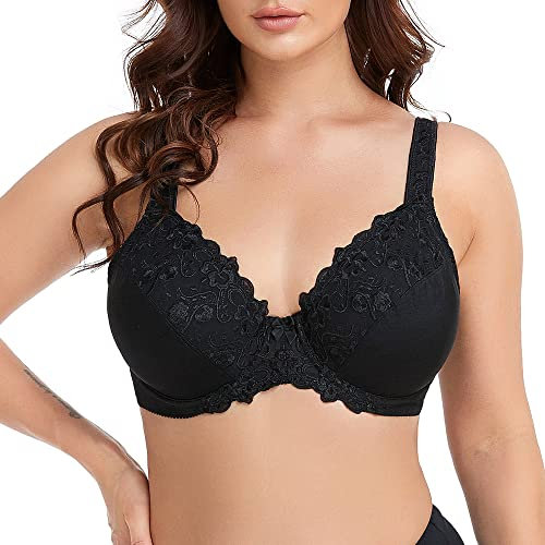 Ayigedu Women's Full Coverage Underwire Push Up Bra Floral Lace Plus Size Non Padded Comfort Everyday Bra 48D Black