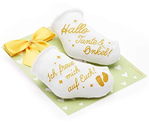 goldprintz I Ihr werdet Tante und Onkel I Schwangerschaft verkünden I goldig bedruckte Babysocken mit Herz Postkarte I Wir bekommen ein Baby verkünden I Verkündung Schwangerschaft I Babynews